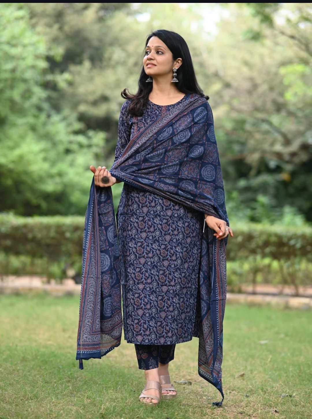 Cotton Ajrakh Print Kurta Pant Dupatta