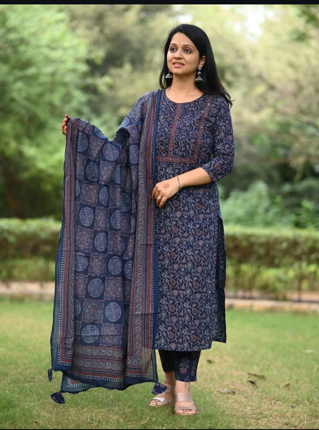 Cotton Ajrakh Print Kurta Pant Dupatta