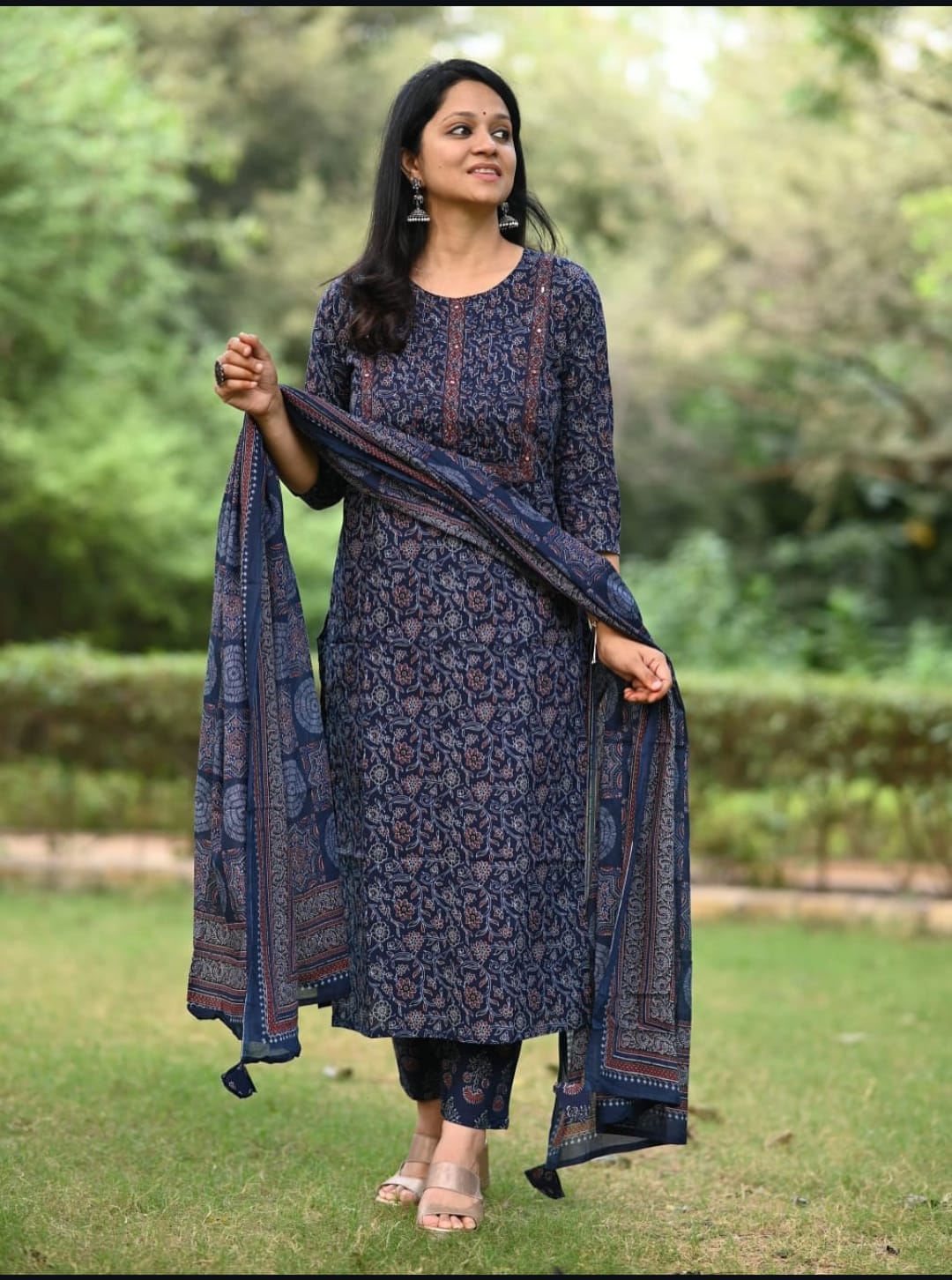Cotton Ajrakh Print Kurta Pant Dupatta