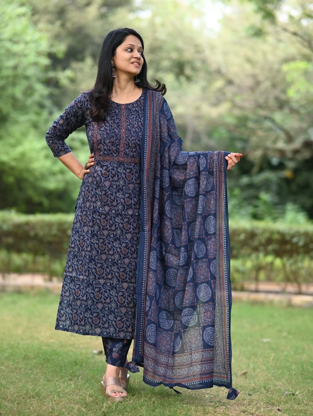 Cotton Ajrakh Print Kurta Pant Dupatta