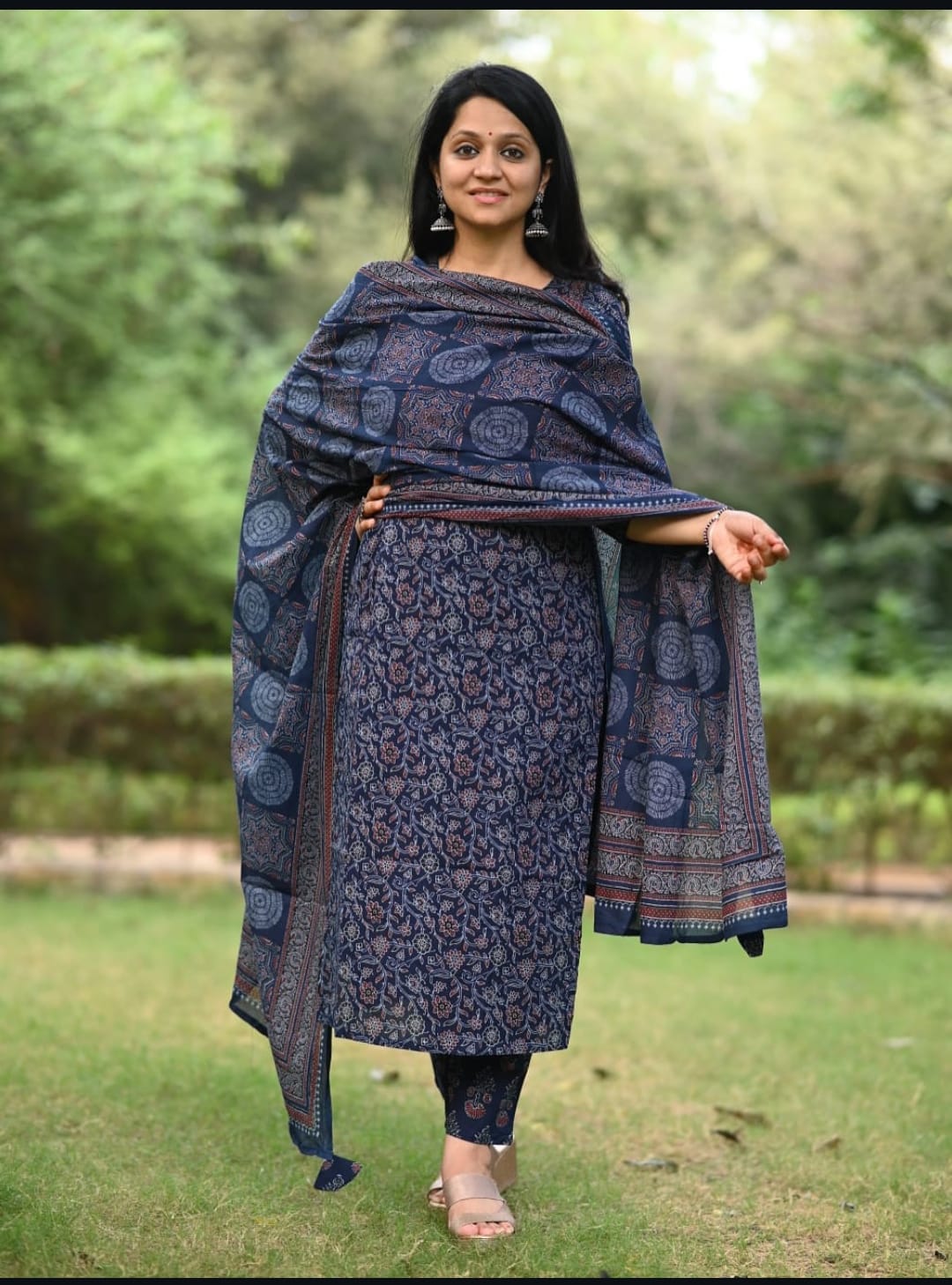 Cotton Ajrakh Print Kurta Pant Dupatta