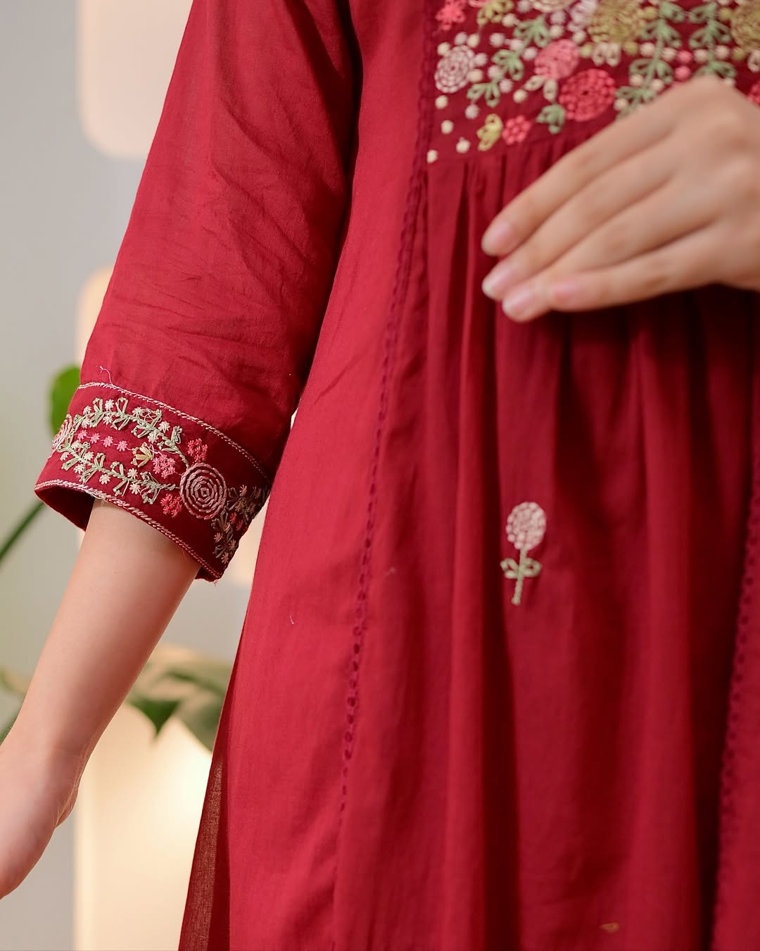 Maroon Rose Threadwork A Line Mul Cotton Suit