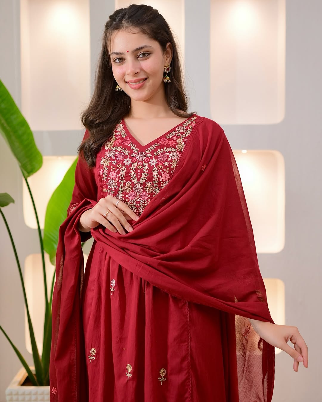 Maroon Rose Threadwork A Line Mul Cotton Suit
