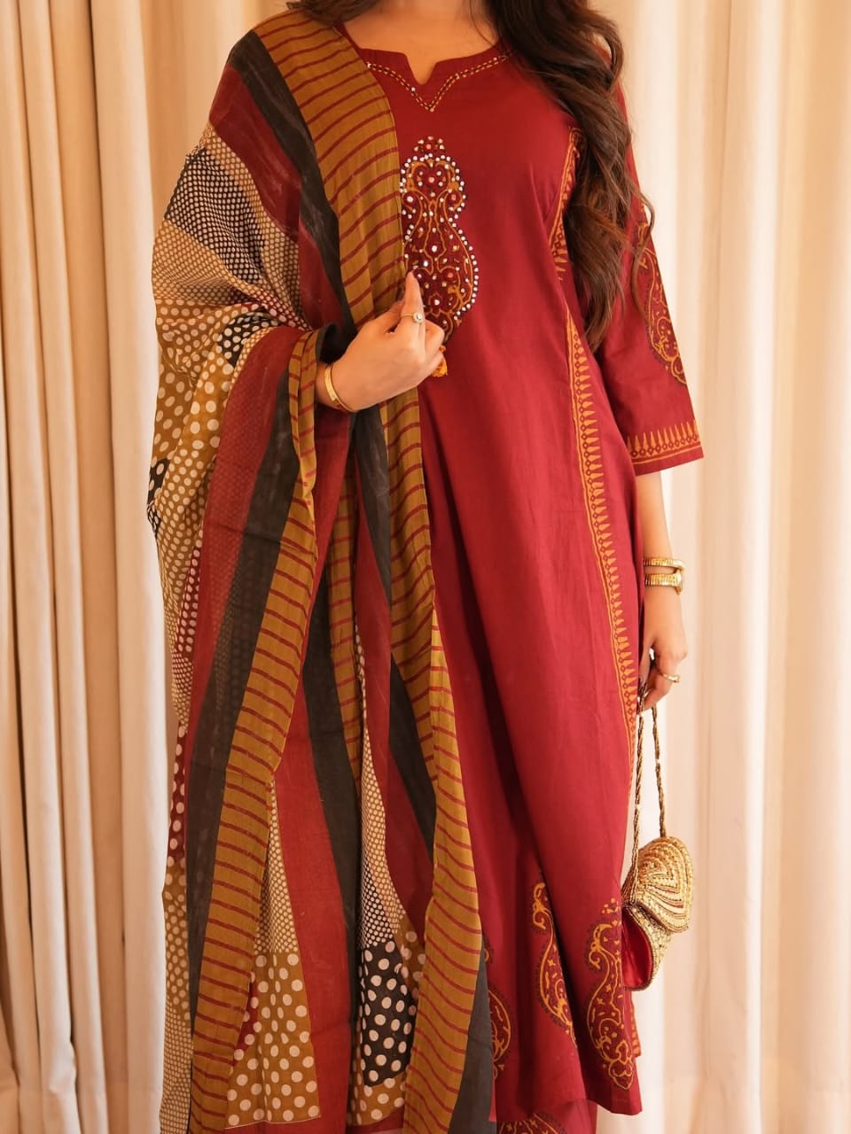 Maroon Embroidered Cotton Kurta with Printed Dupatta