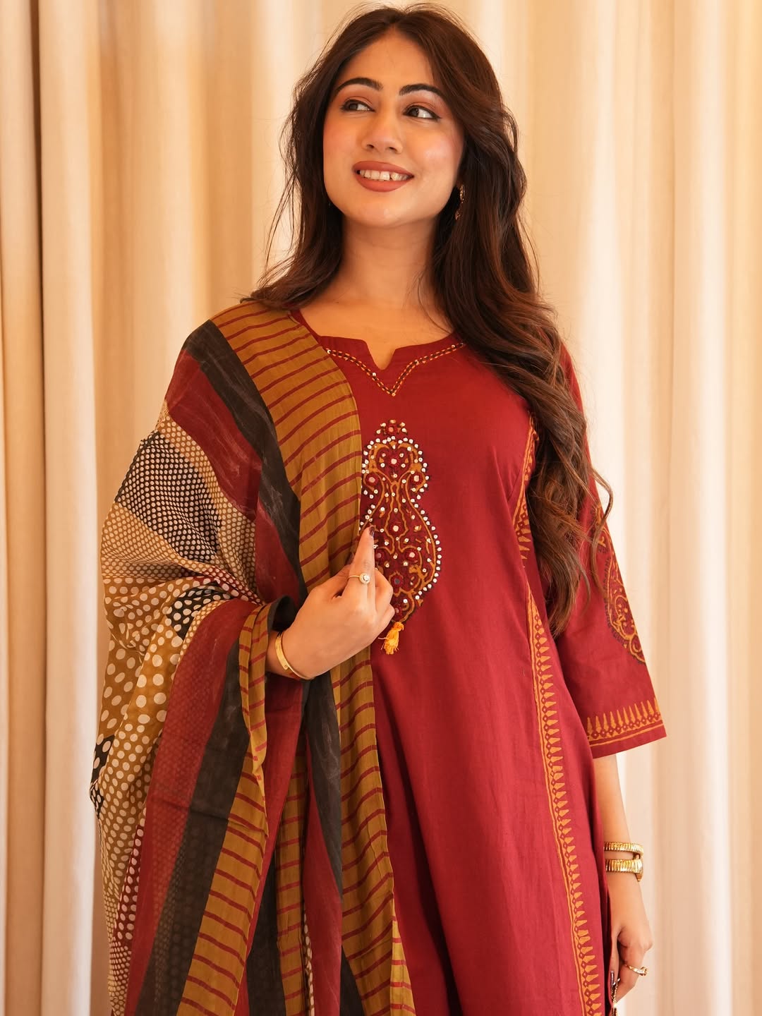Maroon Embroidered Cotton Kurta with Printed Dupatta
