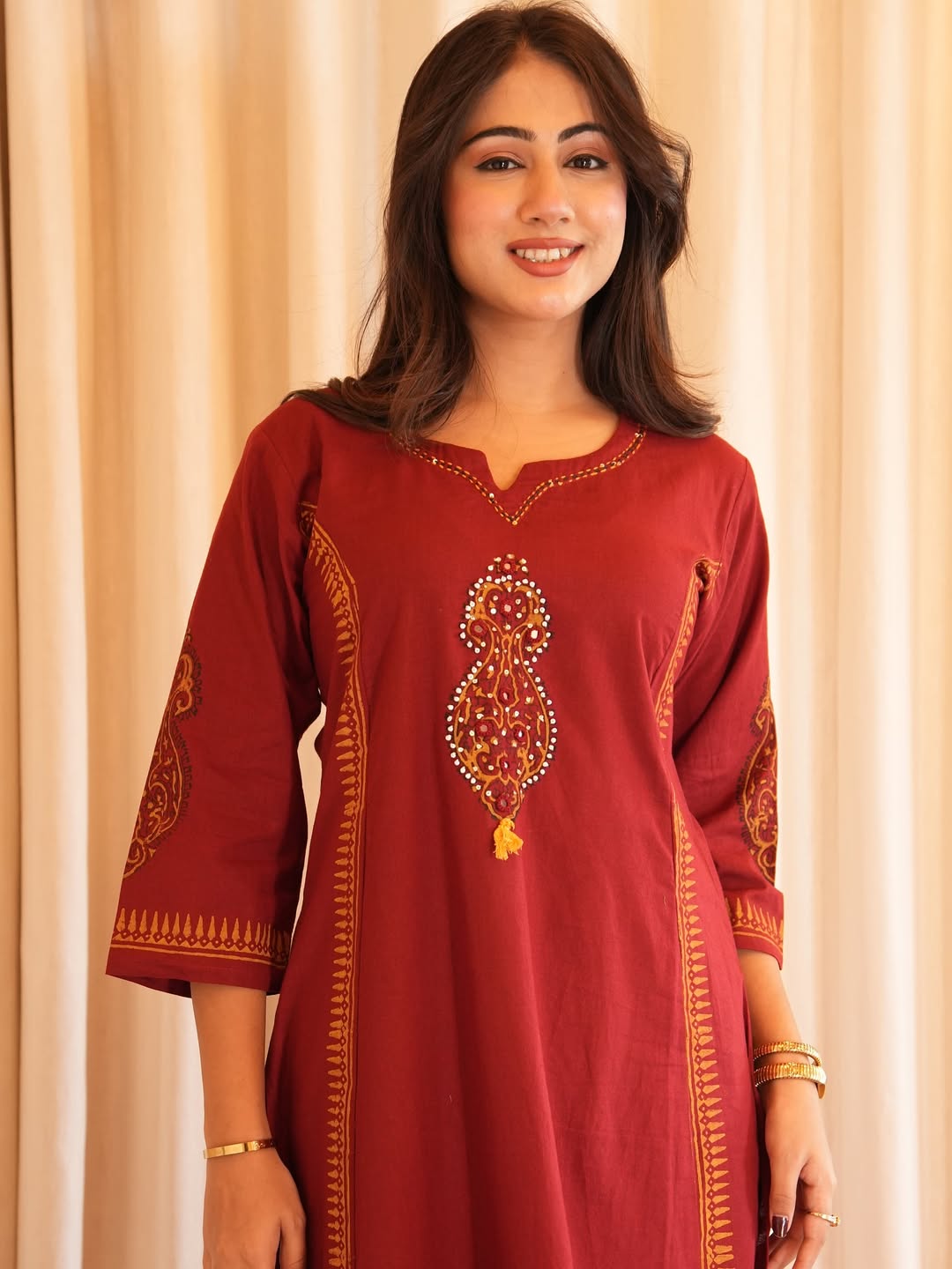 Maroon Embroidered Cotton Kurta with Printed Dupatta