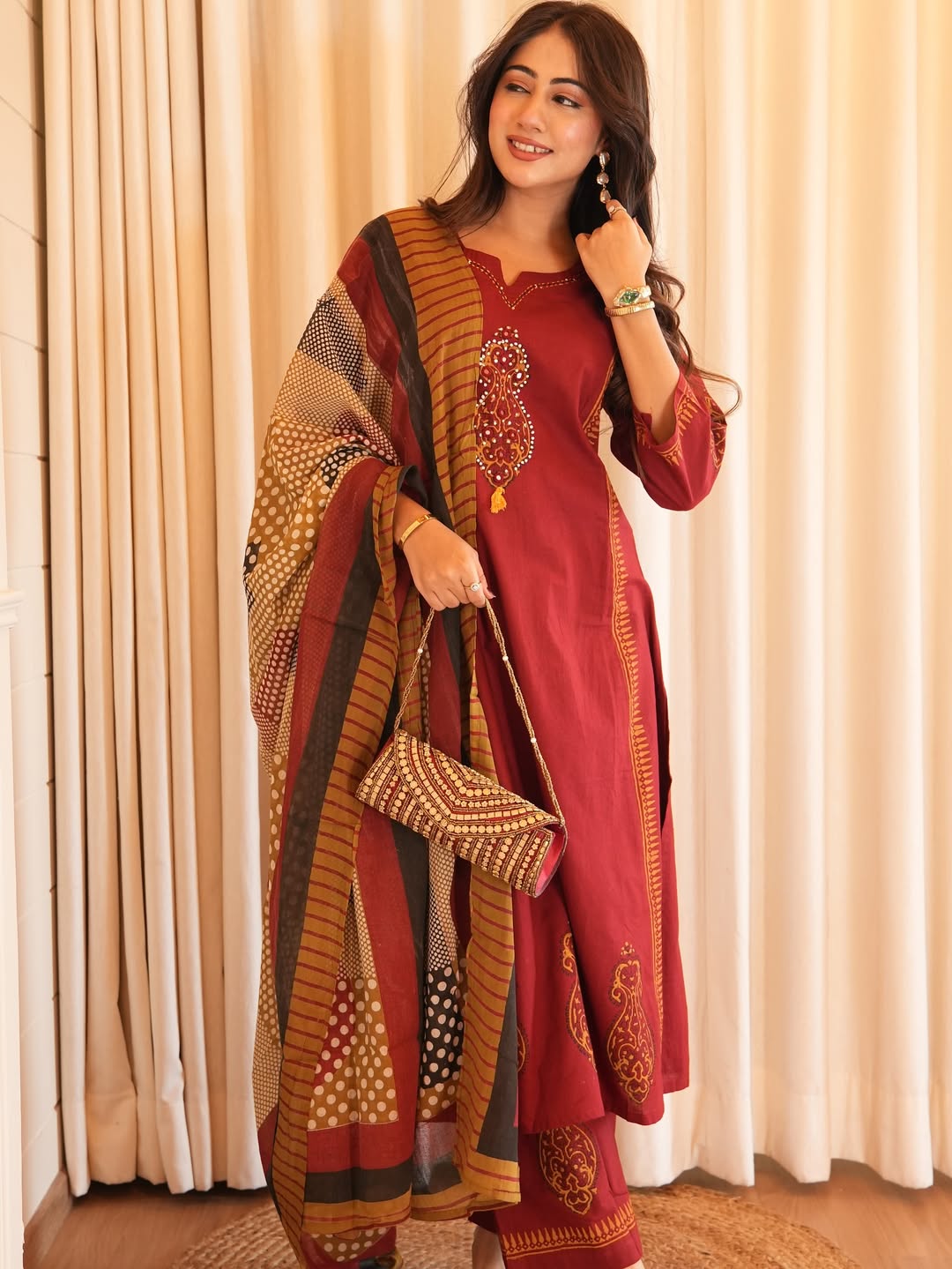 Maroon Embroidered Cotton Kurta with Printed Dupatta