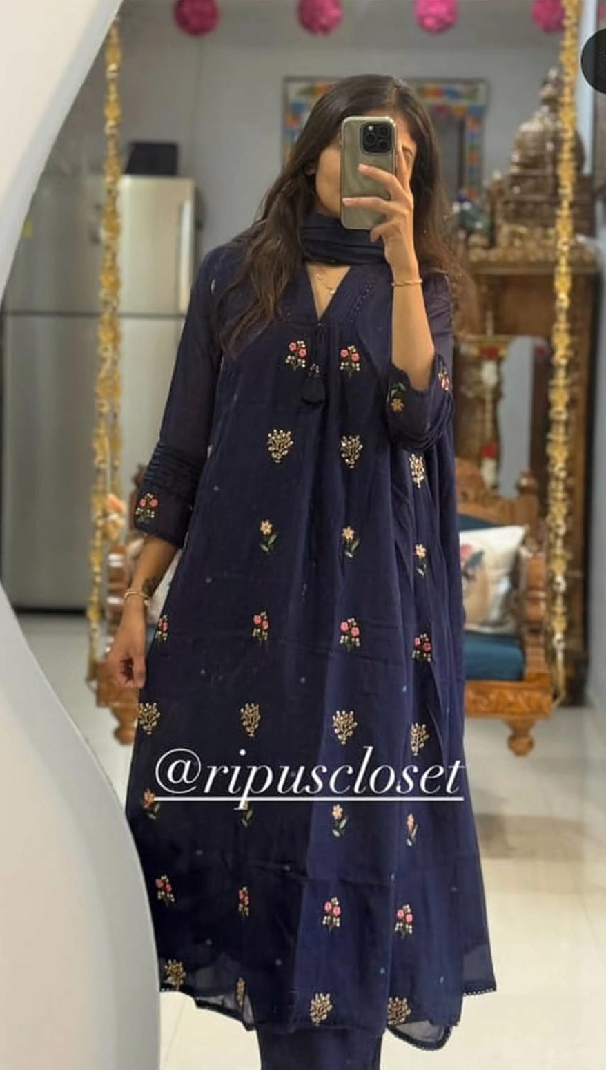 Navy Blue Cotton Kurti Pant & Dupatta Set with Embroidery Work