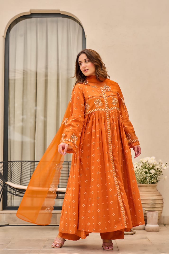 Rust Orange Bandhani Mul Cotton A Line Handwork Suit