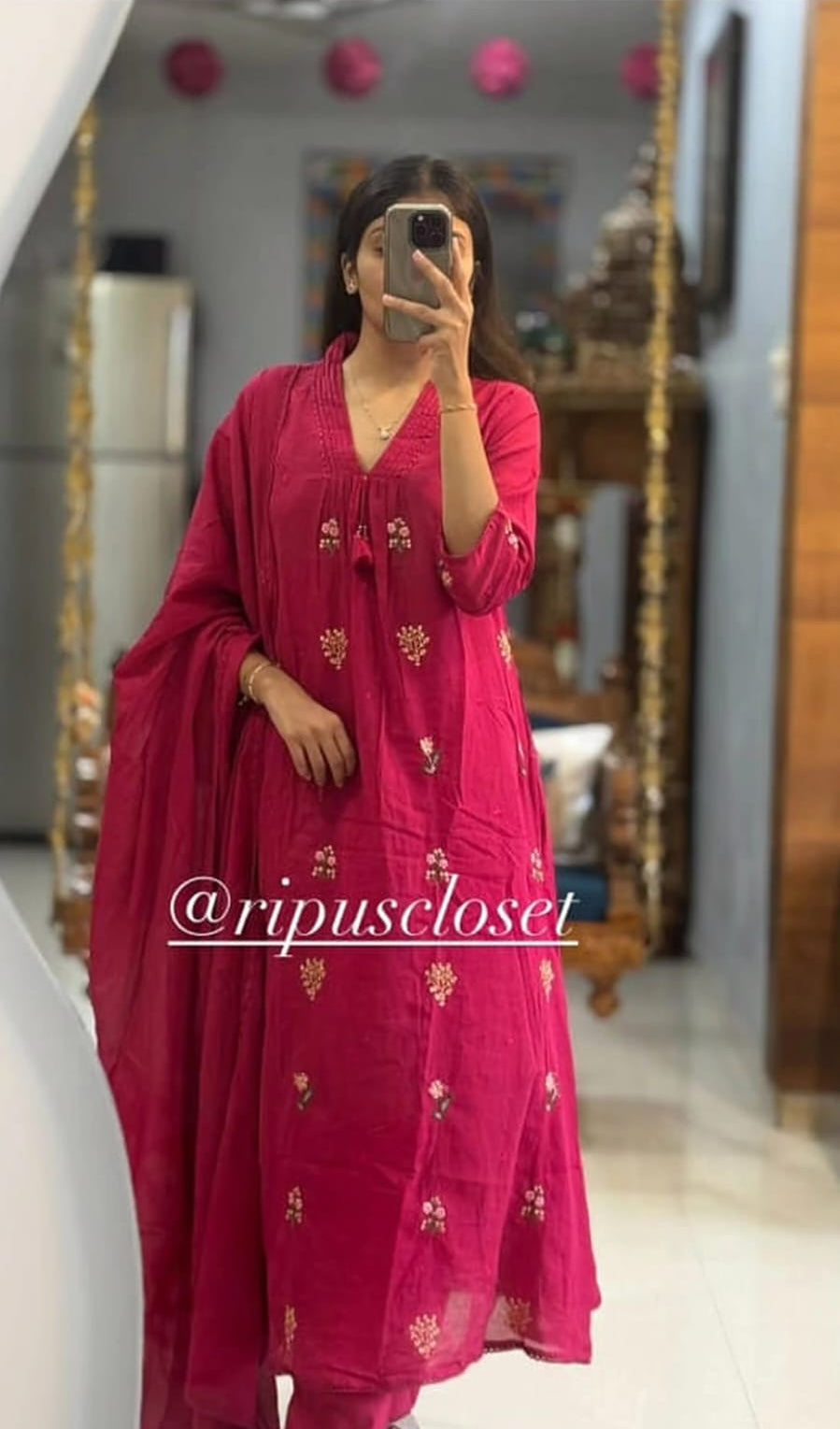 Pink Blue Cotton Kurti Pant & Dupatta Set with Embroidery Work