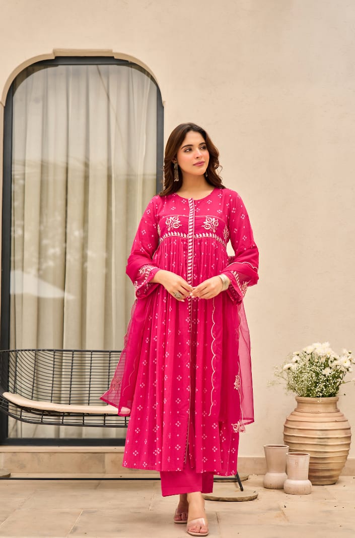 Pink Orange Bandhani Mul Cotton A Line Handwork Suit