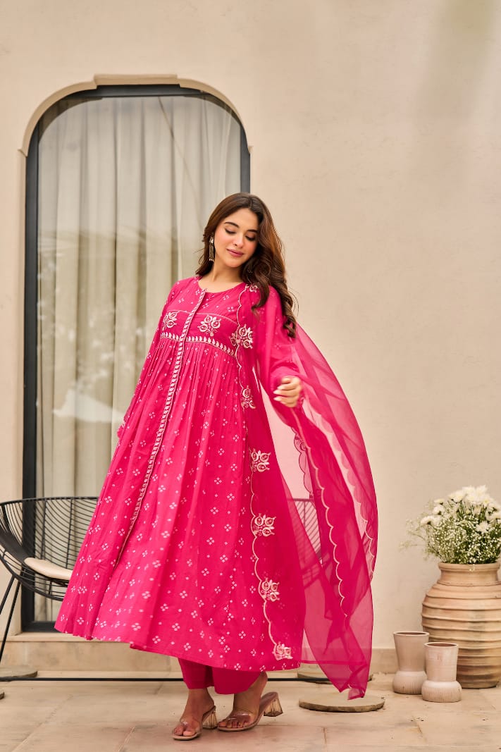 Pink Orange Bandhani Mul Cotton A Line Handwork Suit