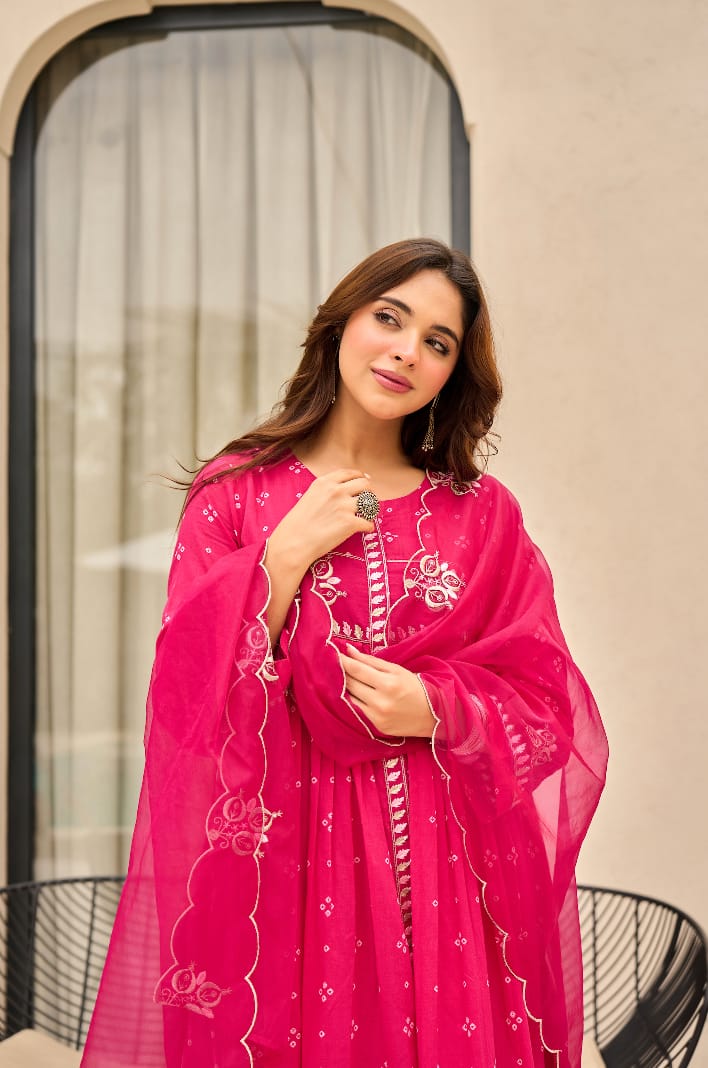 Pink Orange Bandhani Mul Cotton A Line Handwork Suit