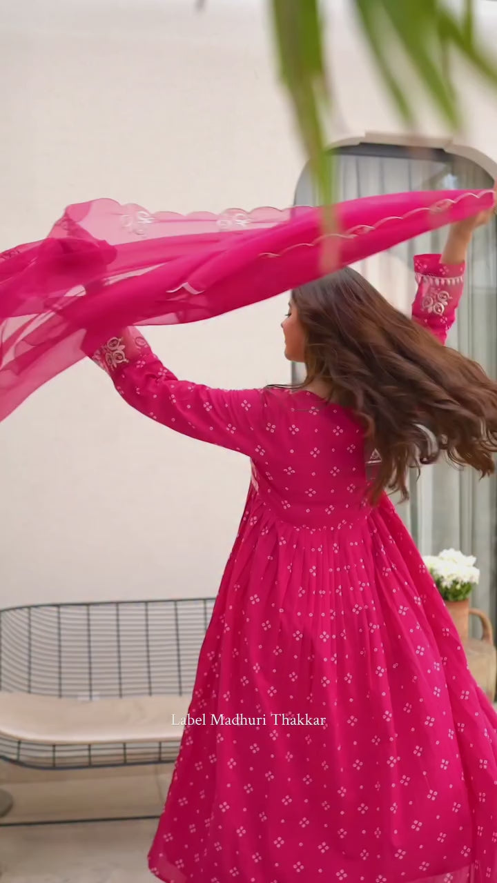 Rust Orange Bandhani Mul Cotton A Line Handwork Suit